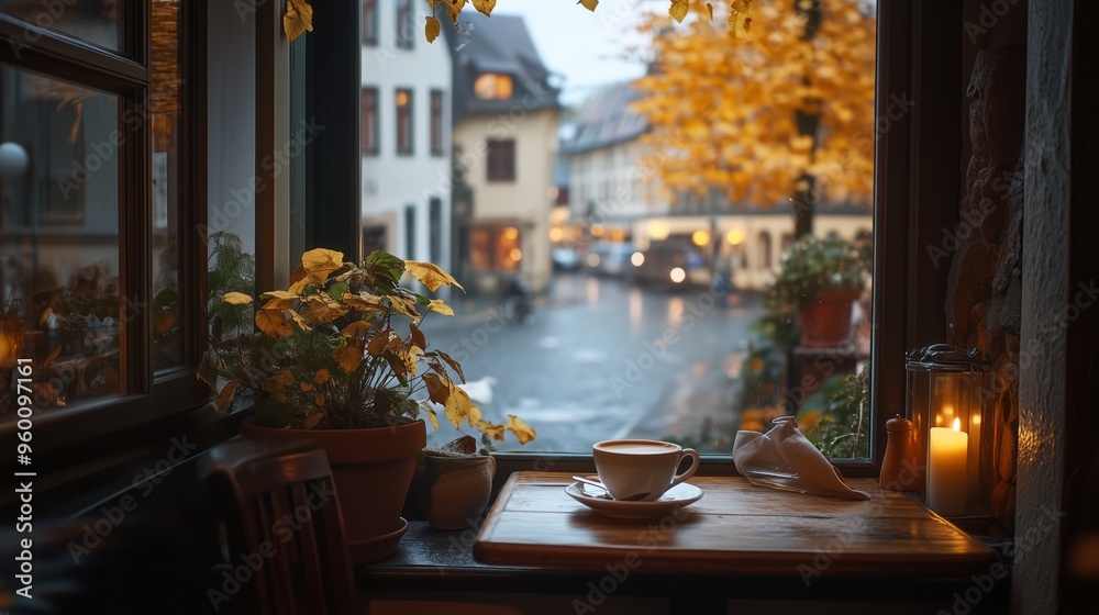 A cozy coffee shop with an open window overlooking the quaint streets of Germany, featuring charming architecture and autumn foliage outside. A cozy coffee shop with an open window overlooking the quaint streets of Germany, featuring charming architecture and autumn foliage outside.