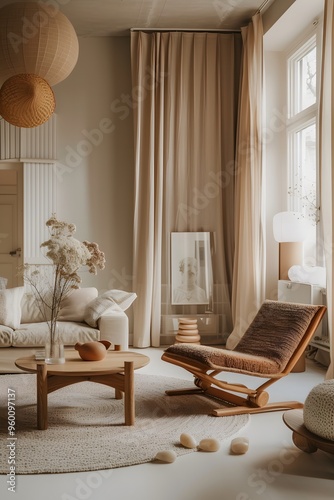 Portrait of a minimalistically designed living space filled with warm neutral colors  AI generated illustration photo