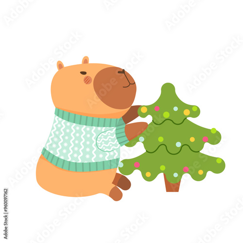 Cute funny capybara in sweater decorates the Christmas tree.  Isolated animal character capybara rodent.  Postcard, poster, sticker for New Year Holiday seasonal decoration for design, kids collection