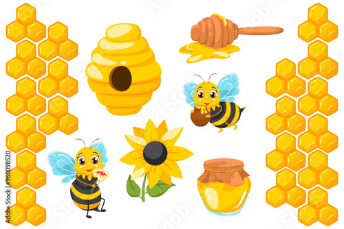 Cartoon set of bee honey and cute bees. Collection of honey products: honeycombs, sunflower flower, bees, honey in glass jar, wooden honey dipper.