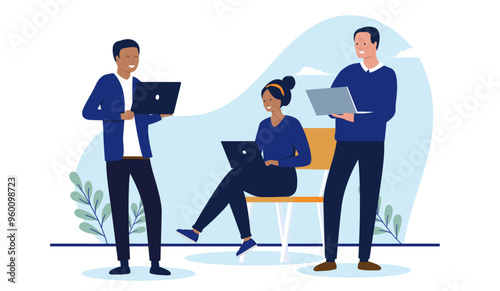 Businesspeople with computers working - Team of three people using laptop computers, doing work, smiling and talking together. Teamwork concept in flat design vector illustration with white background