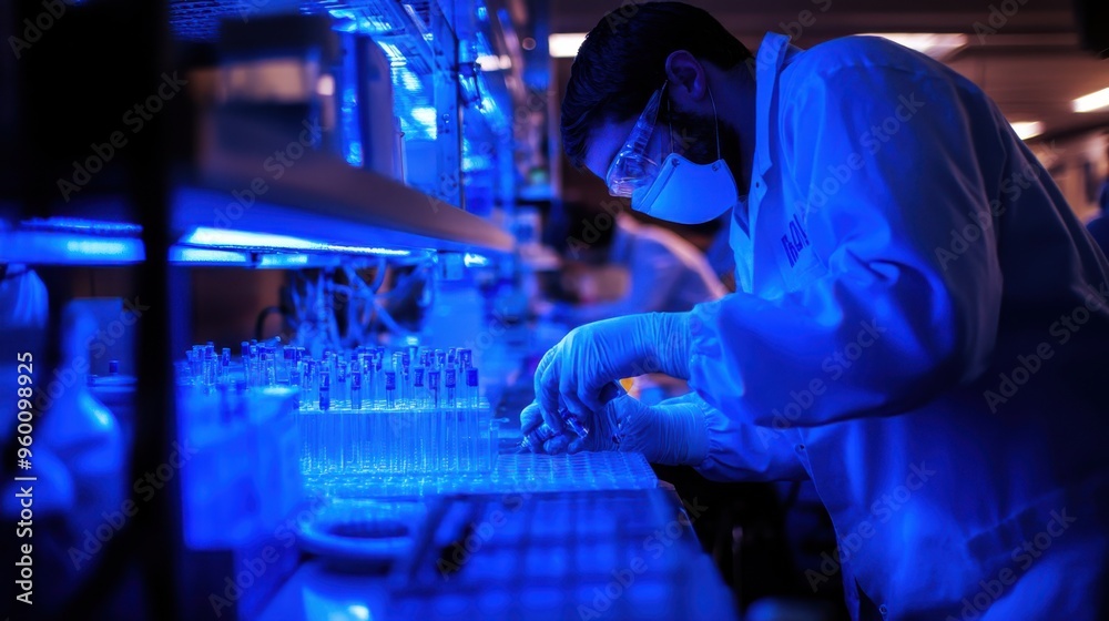 Scientists in lab coats are working in a lab with a blue light Scientists in lab coats are working in a lab with a blue light
