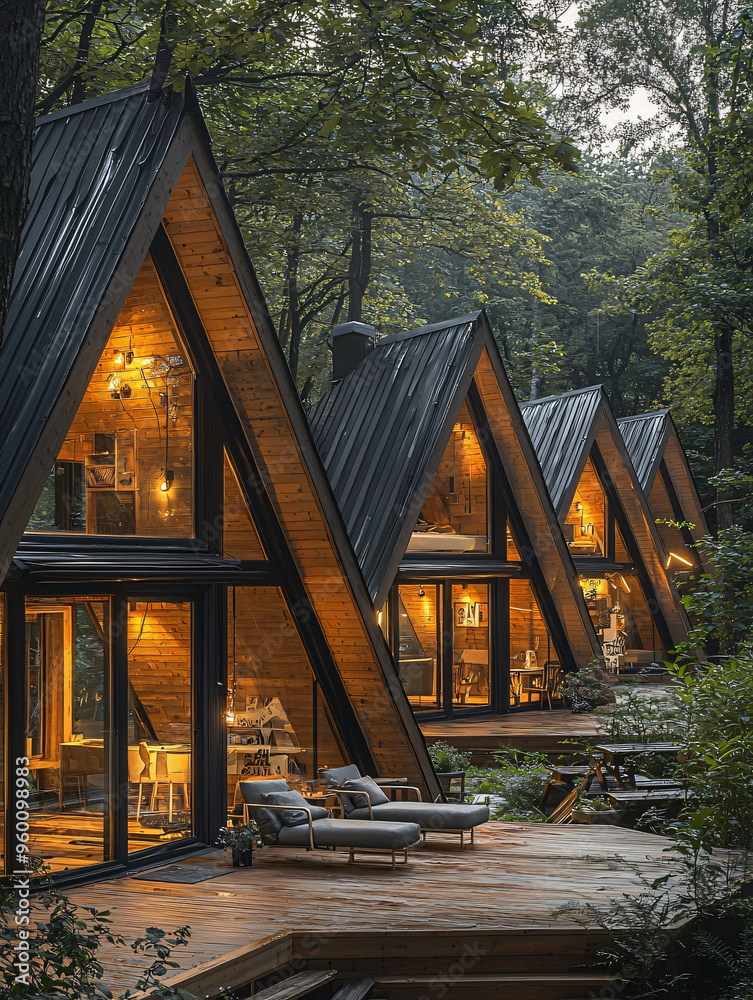 Fototapeta premium A row of A-frame wooden houses with glass windows and metal roofs, surrounded by trees in the forest. The design is unique, featuring triangular roofs made from black sheeting material, creating an in