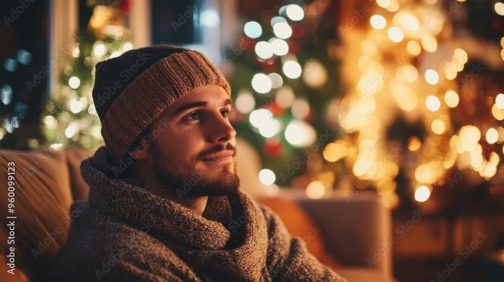 Man in cozy sweater and hat sitting in living room decorated with Christmas lights and tree, enjoying the warmth and festive mood on Christmas Eve. Man in cozy sweater and hat sitting in living room decorated with Christmas lights and tree, enjoying the warmth and festive mood on Christmas Eve.