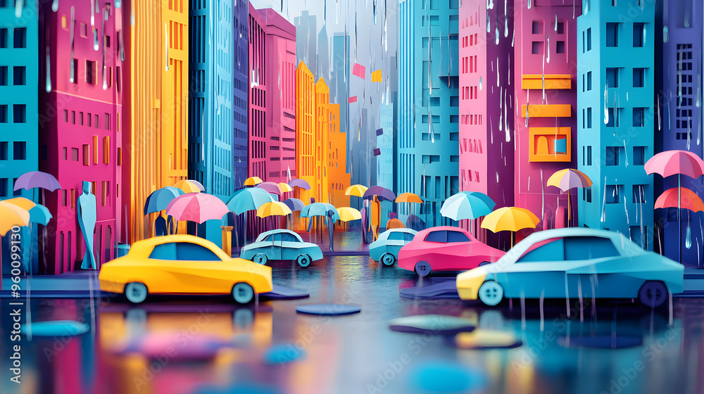 Obraz premium Rainy city street with flowing cars, traffic, people walking with umbrellas, surrounded by concept paper cut craft 