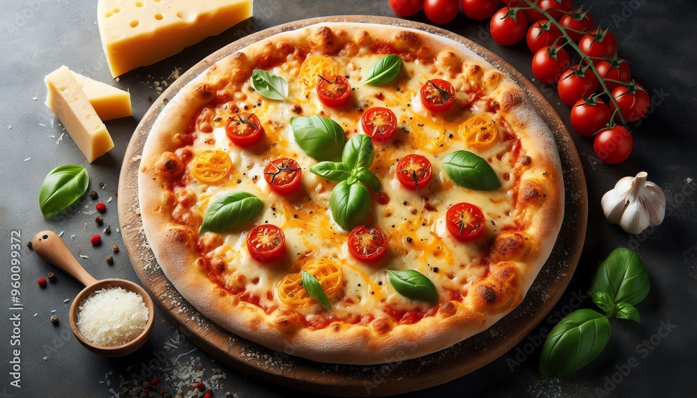 Delicious Margherita Pizza with Fresh Basil and Cherry Tomatoes Delicious Margherita Pizza with Fresh Basil and Cherry Tomatoes