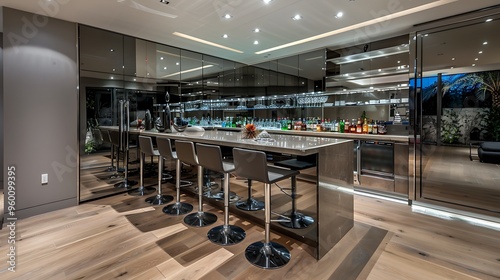 Sleek home bar with mirrored backsplash and modern stools 