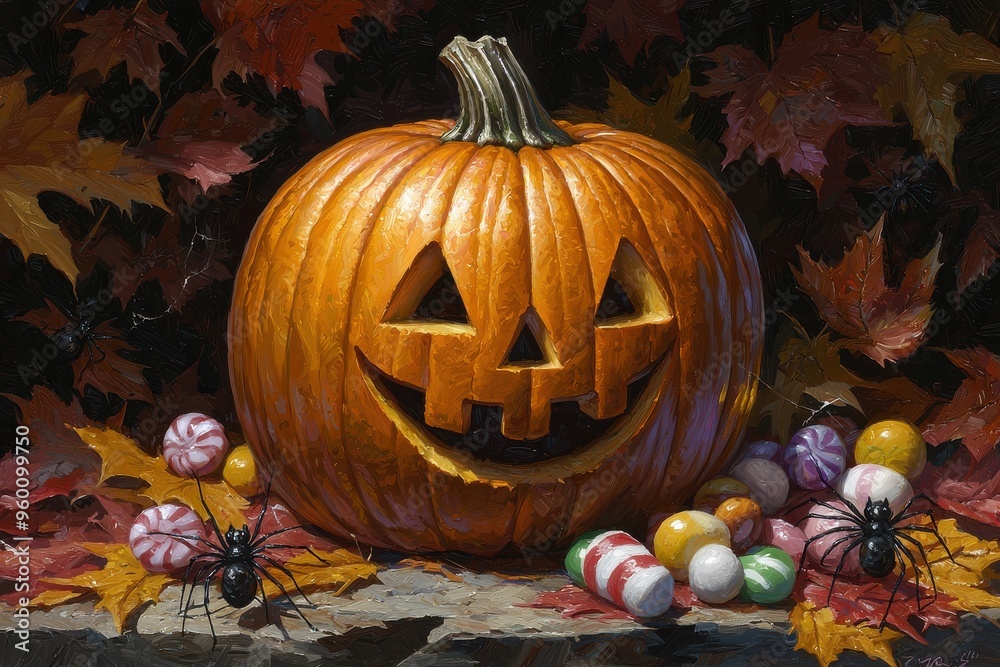Festive Halloween pumpkin jack o lantern with carved face surrounded by autumn leaves and candy Festive Halloween pumpkin jack o lantern with carved face surrounded by autumn leaves and candy