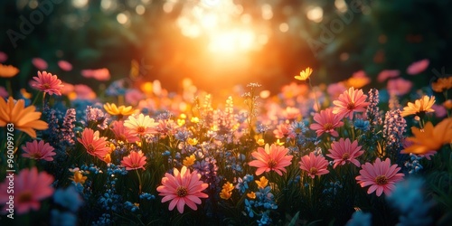 A Field of Blooming Flowers Bathed in Golden Sunlight