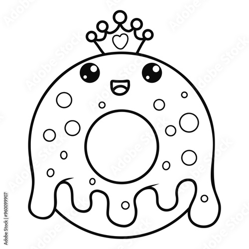 Cute outline royal donut in crown with drops glaze. Funny cartoon kawaii character sweet food. Line drawing, coloring book. Vector illustration. Kids collection