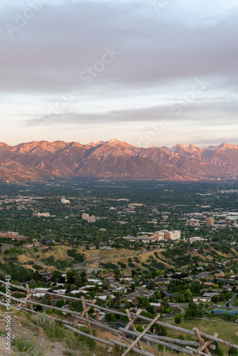 Sunset views of the Salt Lake Valley and Wasatch Range from Ensign Peak, Utah.