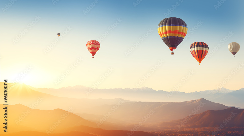 Obraz premium Hot Air Balloons Over Sunlit Mountains At Sunrise