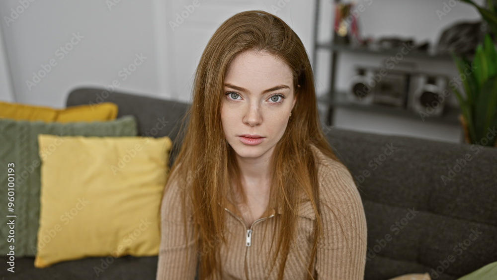 A young, beautiful caucasian woman with blonde hair sits thoughtfully in a modern living room, her gaze calm and penetrating. A young, beautiful caucasian woman with blonde hair sits thoughtfully in a modern living room, her gaze calm and penetrating.