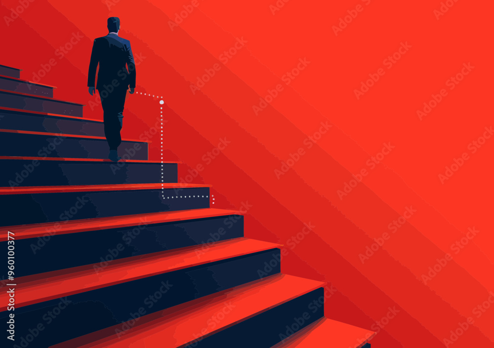 Businessman Climbing Stairs to Success with Hand-Drawn Path to Goal, Conceptual Vector Art for Business Motivation and Achievement Businessman Climbing Stairs to Success with Hand-Drawn Path to Goal, Conceptual Vector Art for Business Motivation and Achievement