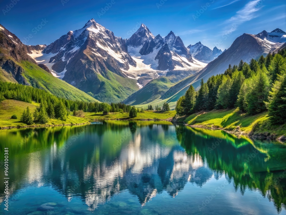 Snow-capped Caucasoid mountain peaks tower above a serene alpine lake ...