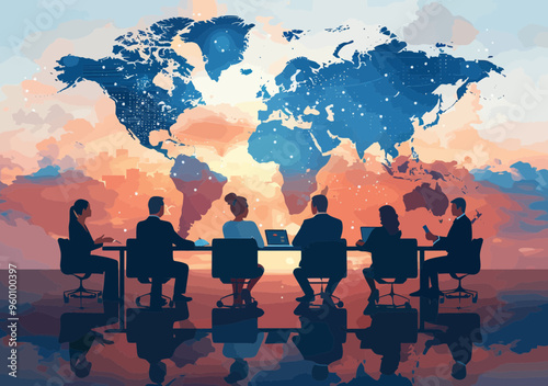 Global Business Team Meeting Concept Around World Map for International Trade and Investment Strategy at Sunrise