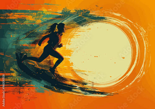 Dynamic Businesswoman Running Toward a Goal with Energetic Brushstroke in Vibrant Abstract Orange Setting Illustrating Determination, Ambition, and Achievement