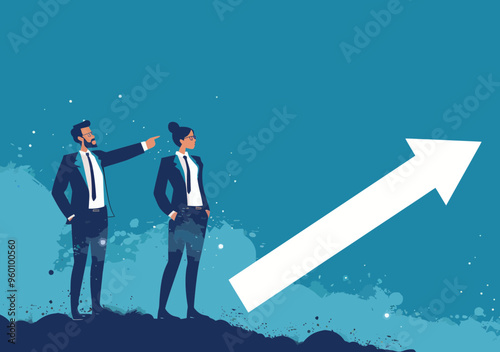 Business Leaders Pointing to Upward Arrow Symbolizing Growth, Career Advancement, and Startup Success, Minimalistic Vector Illustration