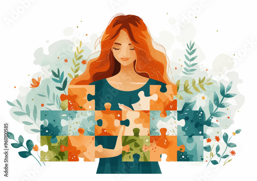 Woman Holding Missing Puzzle Piece Conceptualizing Solution and Problem-Solving in Minimalistic Business Illustration