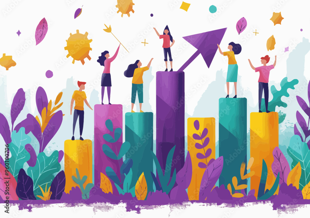 Collaborative Business Team Raising a Growth Arrow on Colorful Bar Graphs Illustrating Profit Increase and Success in a Vibrant, Minimalistic, and Motivational Setting Collaborative Business Team Raising a Growth Arrow on Colorful Bar Graphs Illustrating Profit Increase and Success in a Vibrant, Minimalistic, and Motivational Setting