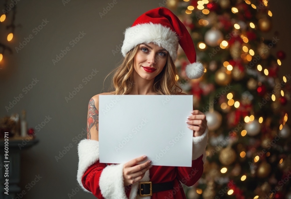 A beautiful female Santa Claus Holding a blank Sign for Christmas Promotions
