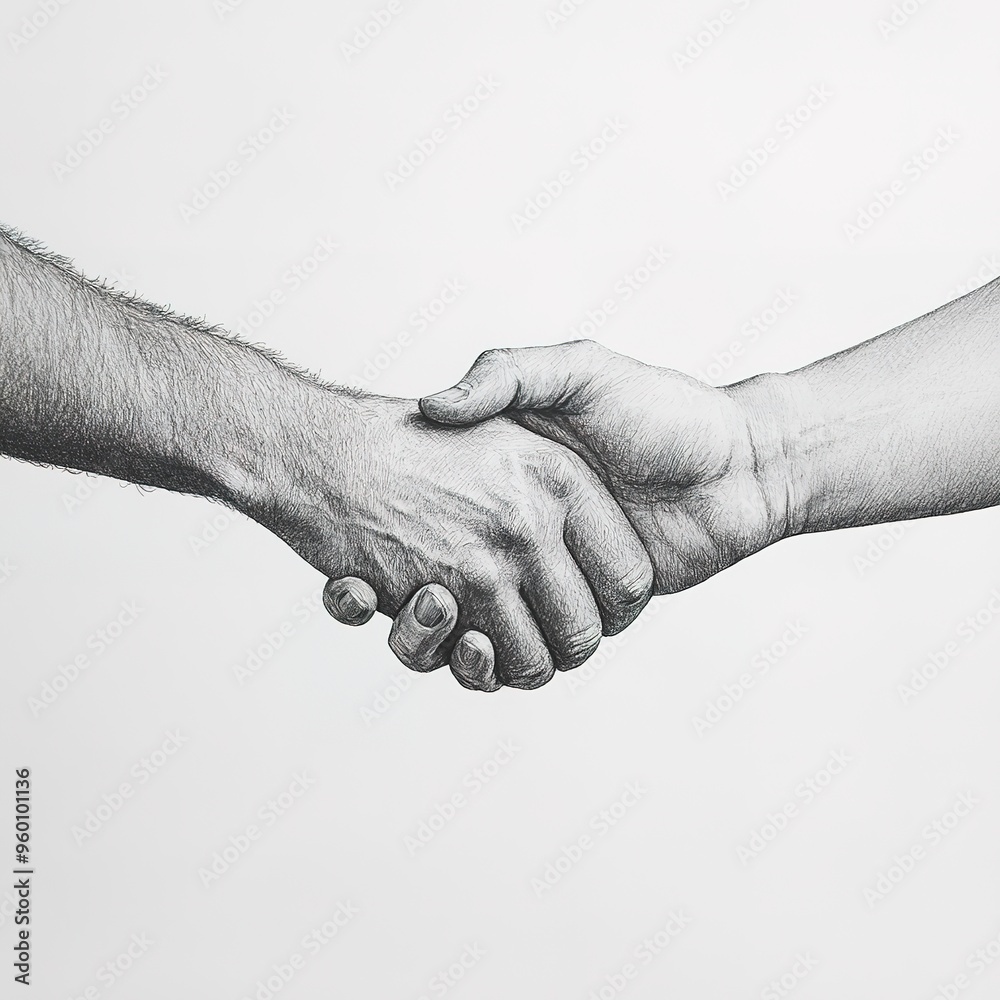 Fototapeta premium A simple pencil drawing of two hands holding each other, against a simple white background, in black and grey, with a realistic style.