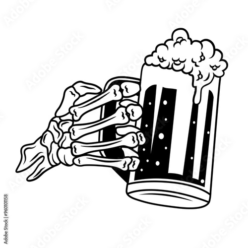 Skeleton Hand Holding Beer | Skeleton Hand | Beer for Life | Mug Beer | Beer Foam | Beer Overload | Alcoholic Drink | Beer | Original Illustration | Vector and Clipart | Cutfile and Stencil