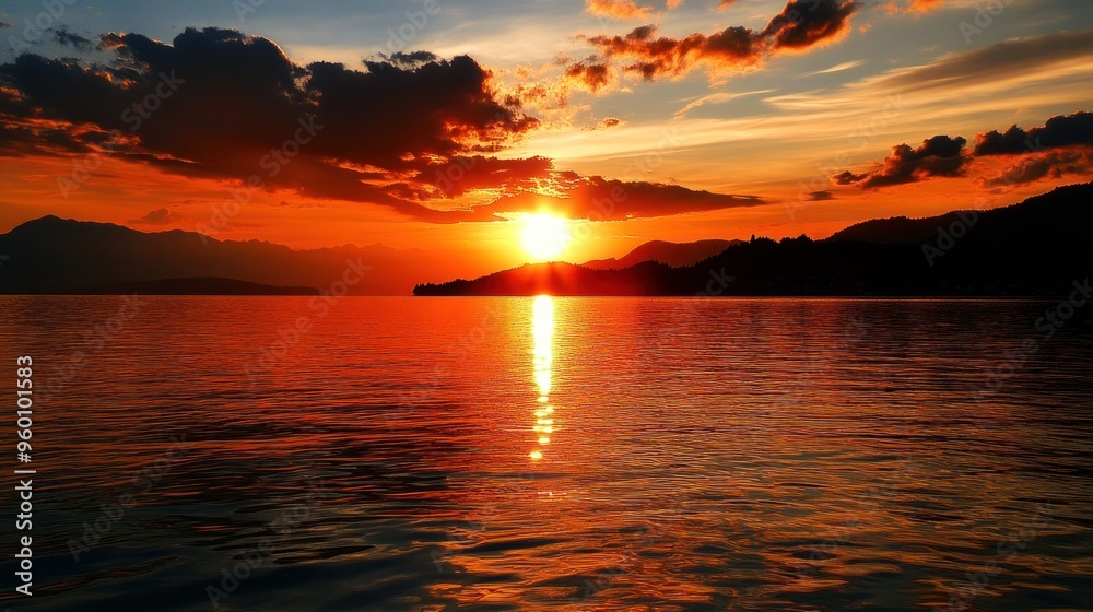 Obraz premium Sunset over Water with Mountain Silhouette