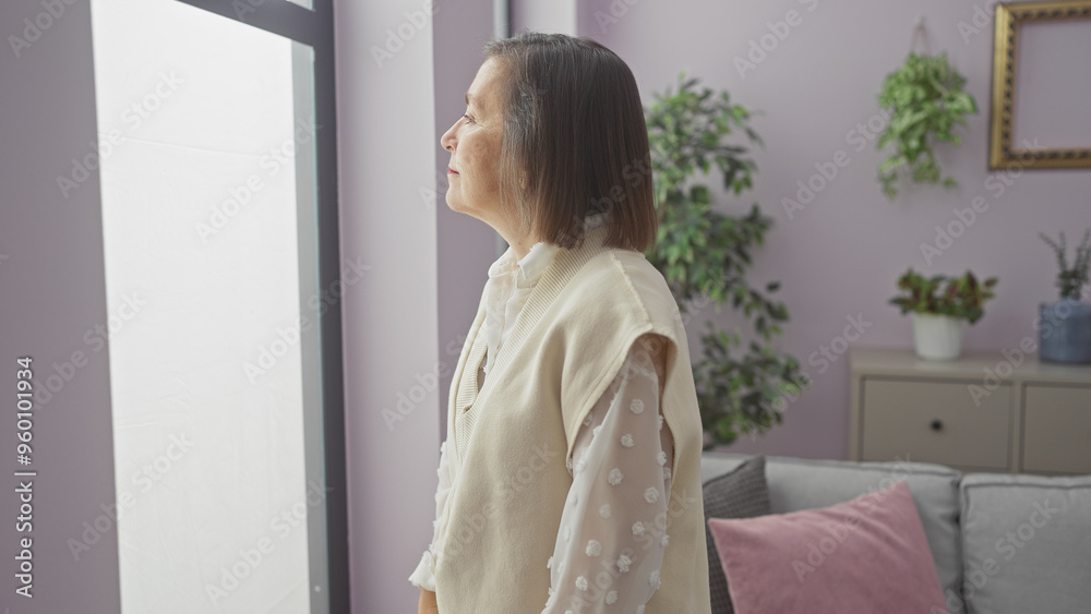 Mature woman contemplating in a cozy living room with plants, sofa, and modern decor. Mature woman contemplating in a cozy living room with plants, sofa, and modern decor.