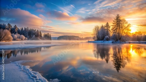 Frozen lake at dawn with misty atmosphere, warm light, and subtle reflections on the ice.