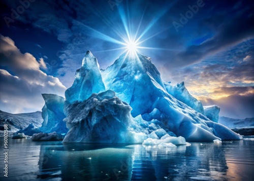 A dramatic close-up of a breaking iceberg, with powerful strobe light highlighting the sharp edges and translucent ice, emphasizing the impact of global warming