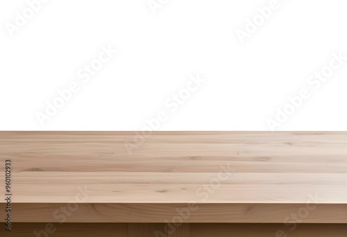 Minimal empty wooden table with sunlight. Simplistic style. on a plain wall 