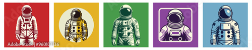 Set of the astronaut is wearing a spacesuit and helmet, in red, yellow, green ,purple and blue theme. Vector illustration
