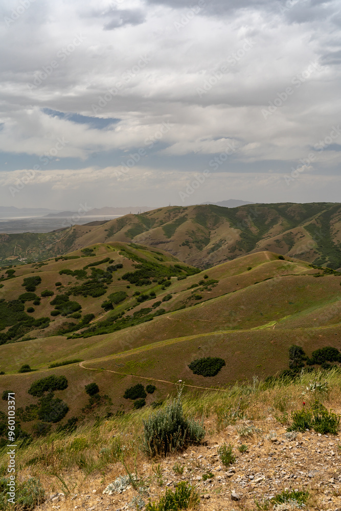 Fototapeta premium Sunny views of the Salt Lake Valley and Wasatch Range from atop Ensign Peak.
