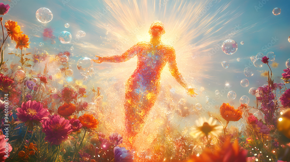 A figure bursting with bright, colorful light, with vibrant rays of sunshine spreading in all directions, surrounded by blooming flowers and floating bubbles, representing pure happiness and joy