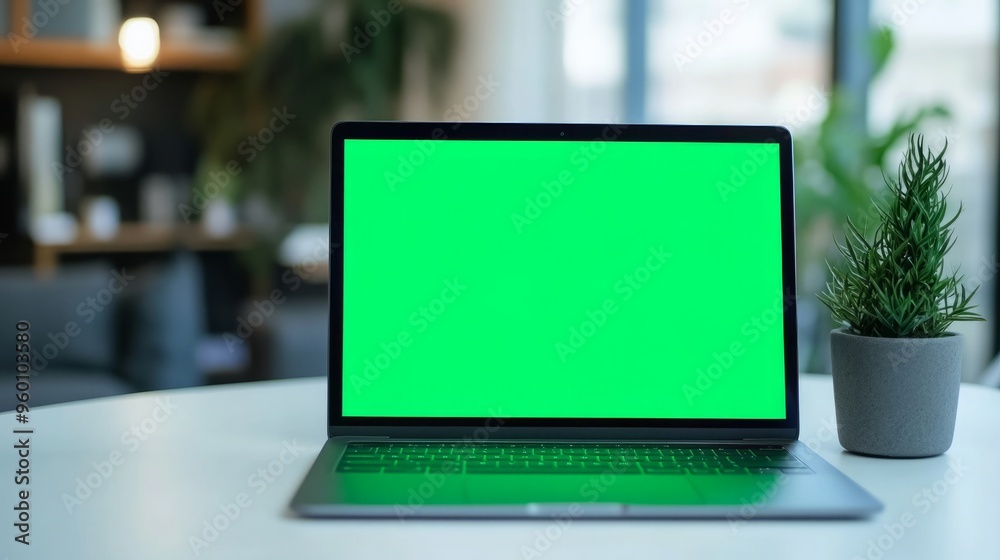 Laptop with green screen, chroma key mock up is on the table. Computer display close-up. Business mockup empty blank space. Modern gadget is on white table in horizontal position Laptop with green screen, chroma key mock up is on the table. Computer display close-up. Business mockup empty blank space. Modern gadget is on white table in horizontal position
