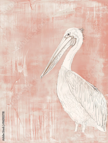 Minimalist white line drawing of a pelican on a soft pastel pink background with a gentle texture. The pelican is shown with its beak open. photo