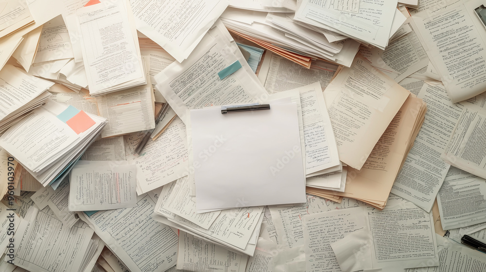 Obraz premium cluttered workspace with a large pile of paperwork and documents, capturing the essence of bureaucracy and the chaos of financial reporting. The copy space for text provides flexib