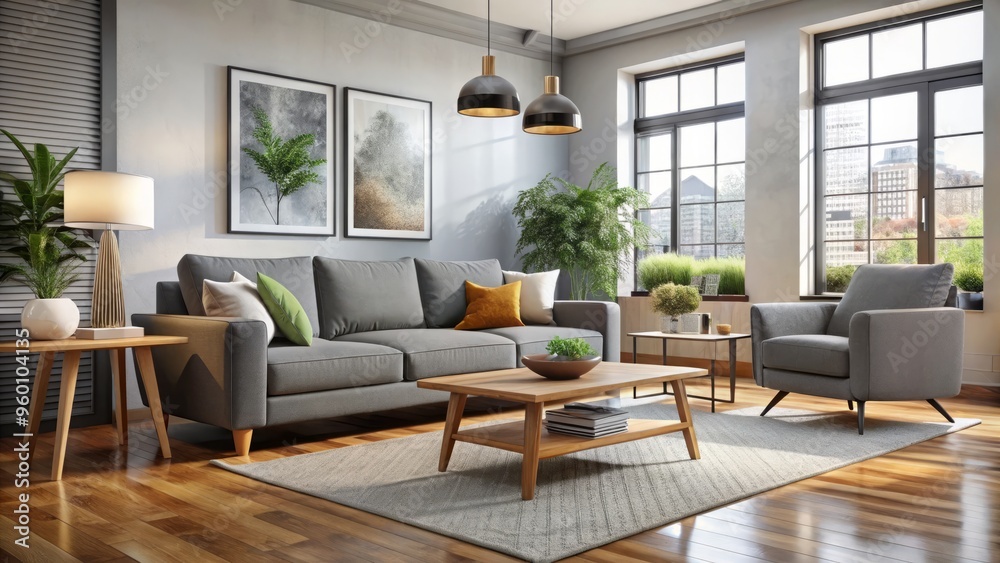 Fototapeta premium In this inviting living room, a gray sofa is set off by vibrant throw pillows, a charming accent