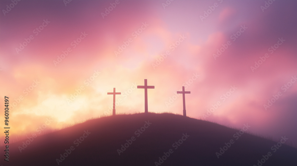 Three crosses stand on a hill, softly illuminated by the first light of dawn. The gentle lighting reflects the new beginning and hope brought by Jesus Christ. photo Three crosses stand on a hill, softly illuminated by the first light of dawn. The gentle lighting reflects the new beginning and hope brought by Jesus Christ. photo