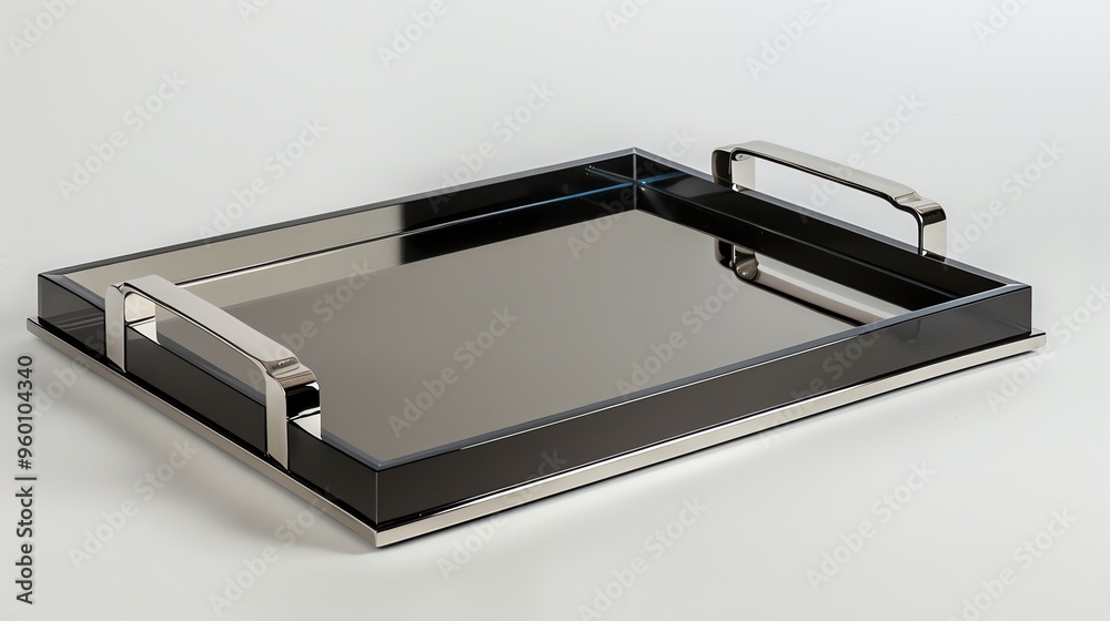 A black and silver tray with mirrored surface. A black and silver tray with mirrored surface.