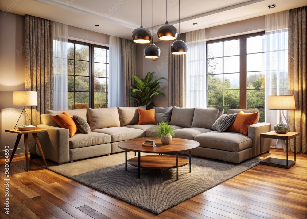 Fototapeta premium In this inviting space, an L-shaped sofa and armchair are arranged around a coffee table, paired with a