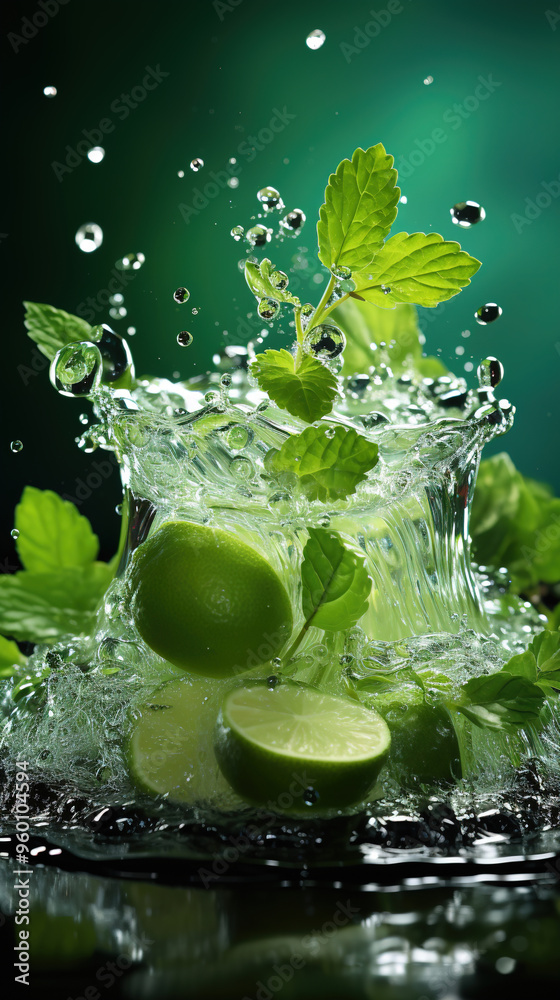 Small Cylinder Stand in Water Splash On Blurry Fresh Green Background Small Cylinder Stand in Water Splash On Blurry Fresh Green Background