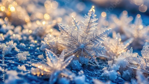 Sparkling crystals form intricate patterns on the surface of a frozen ice sheet, showcasing its delicate beauty and mesmerizing details in extreme close-up. photo