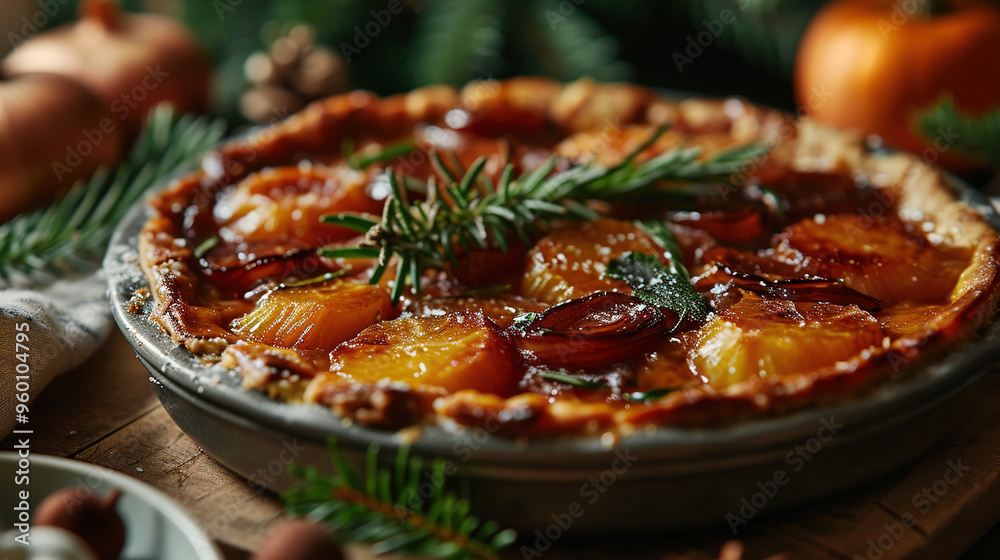 Savory Tart Tatin With Shallots For Christmas On Blurry Background Savory Tart Tatin With Shallots For Christmas On Blurry Background