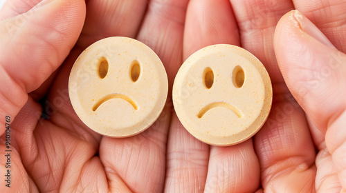 hand holding a two yellow sad pills, tablets with a face symbol, drugs is unhealthy