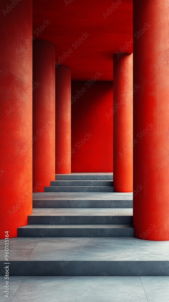 A red hallway with a staircase leading up to a door A red hallway with a staircase leading up to a door