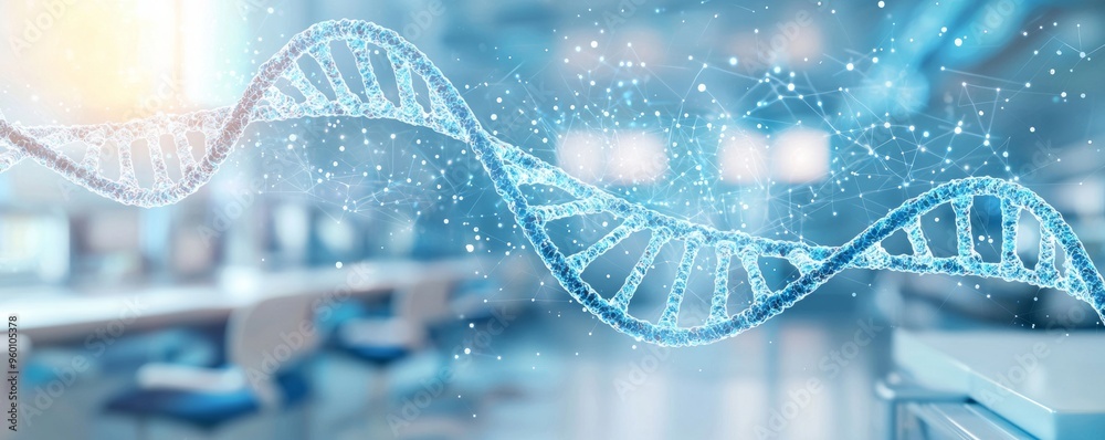 Fototapeta premium Abstract representation of DNA with a modern laboratory background, symbolizing biotechnology and genetic research.