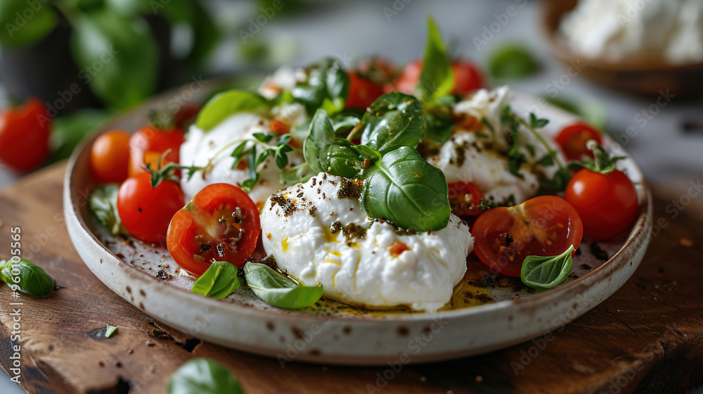 Plate And Board Of Tasty Burrata Cheese With Basil On Bright Blurry Background Plate And Board Of Tasty Burrata Cheese With Basil On Bright Blurry Background