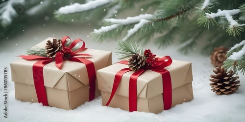 A close-up of beautifully wrapped Christmas gifts under a tree, with intricate bows, ribbons, and festive wrapping paper, ready for the holiday celebration. AI generated